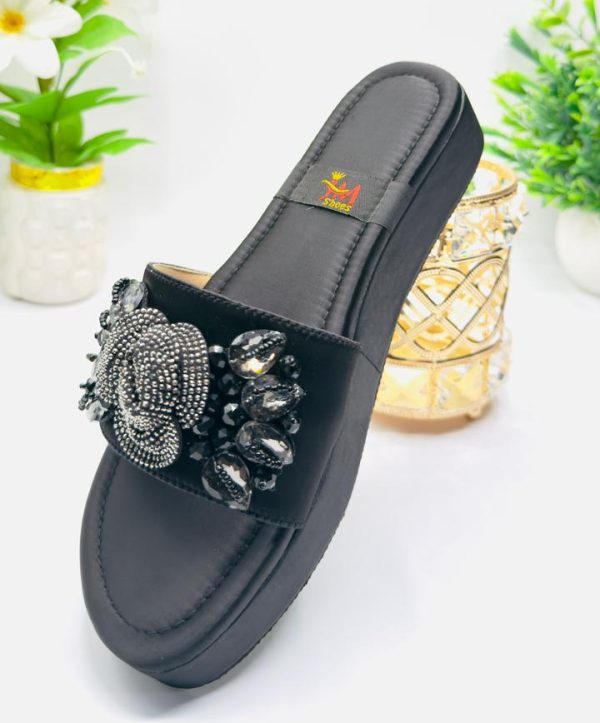 Black Beaded Rosette Wedge Slide