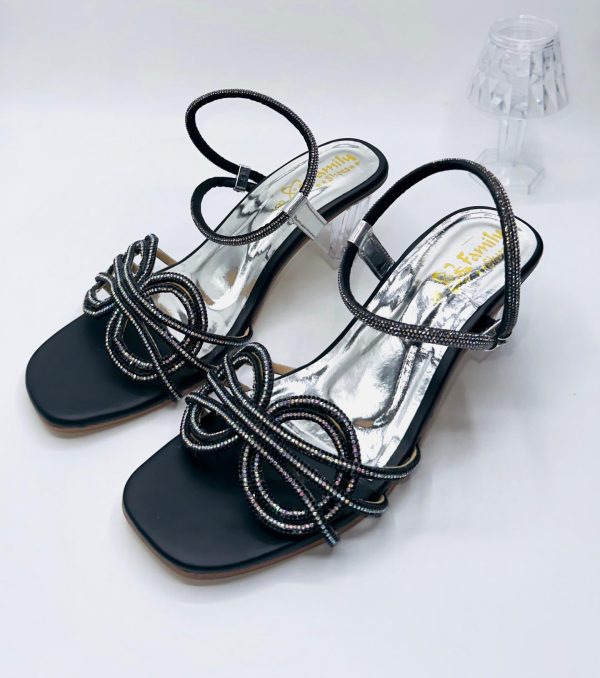Black Diamante Bow Block-Heel Sandal
