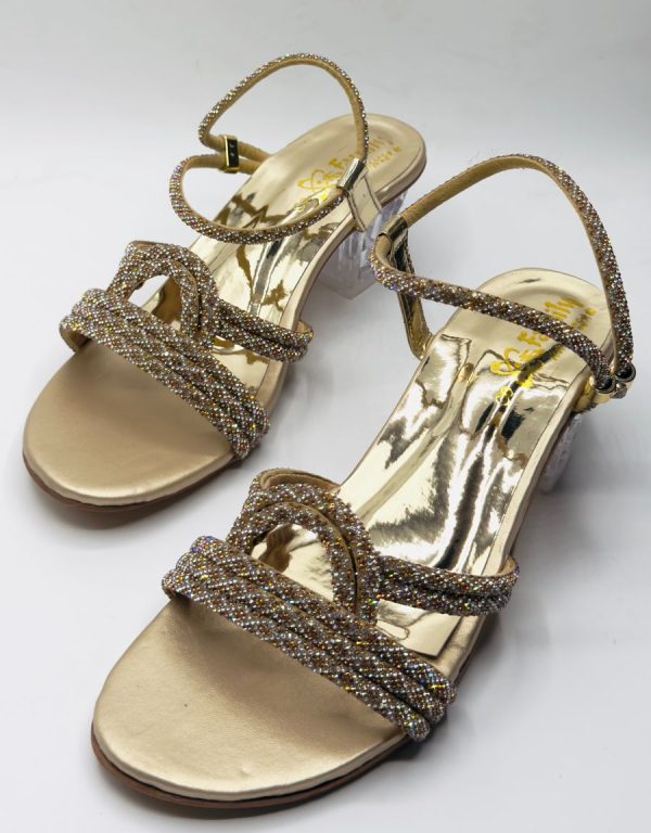 Gold Diamante Strappy Block-Heel Sandal