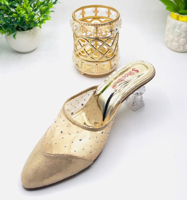 Gold Diamante Pointed Clear-Heel Mule