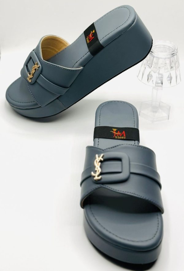 Slate Blue Buckle Wedge Slide