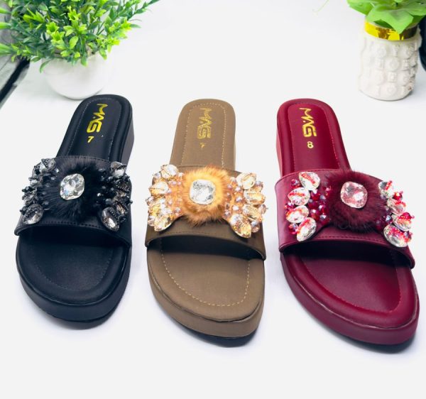 Diamante Fur Pom Flat Slide