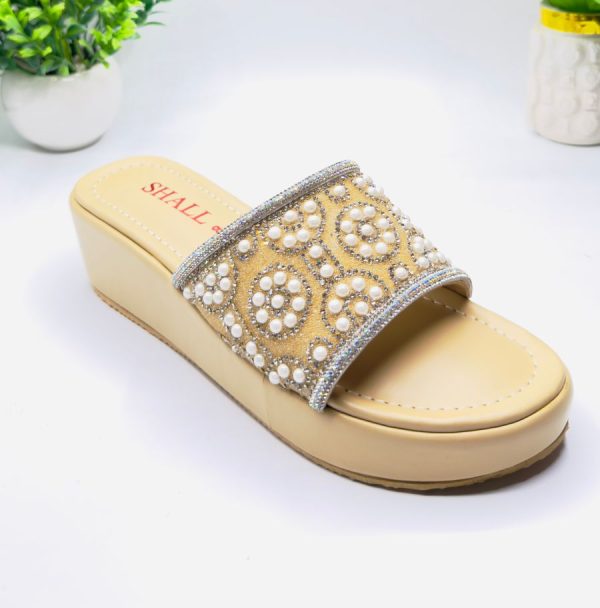 Beige Pearl Medallion Wedge Slide Sandal