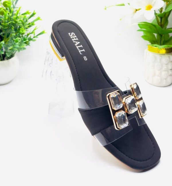Black Crystal Buckle Block-Heel Mule