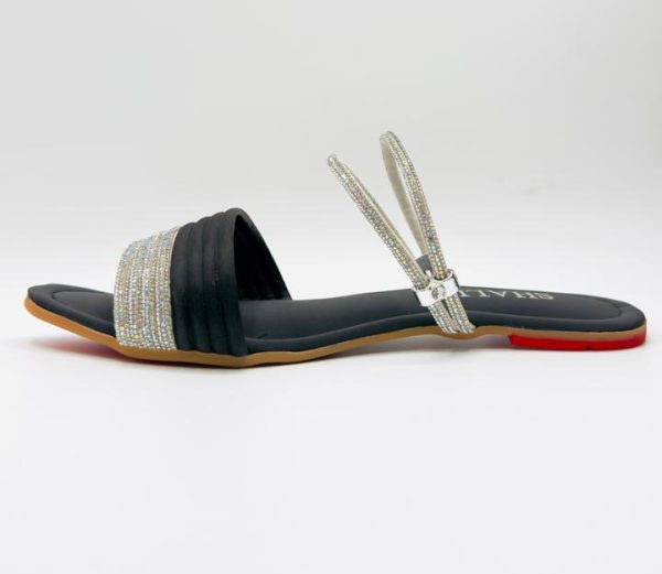 Black Diamante Ankle-Strap Flat Sandal