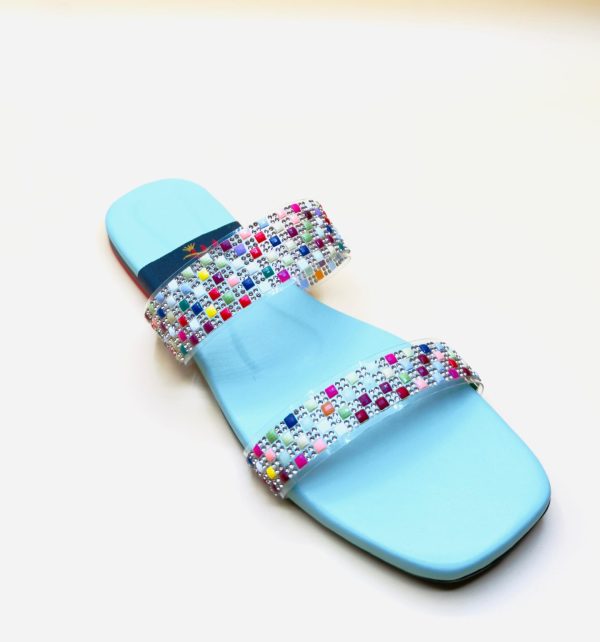 Sky Blue Multicolour Diamante Double-Strap Flat Slide