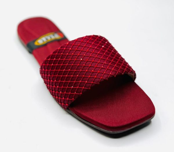 Maroon Diamante Mesh Flat Slide